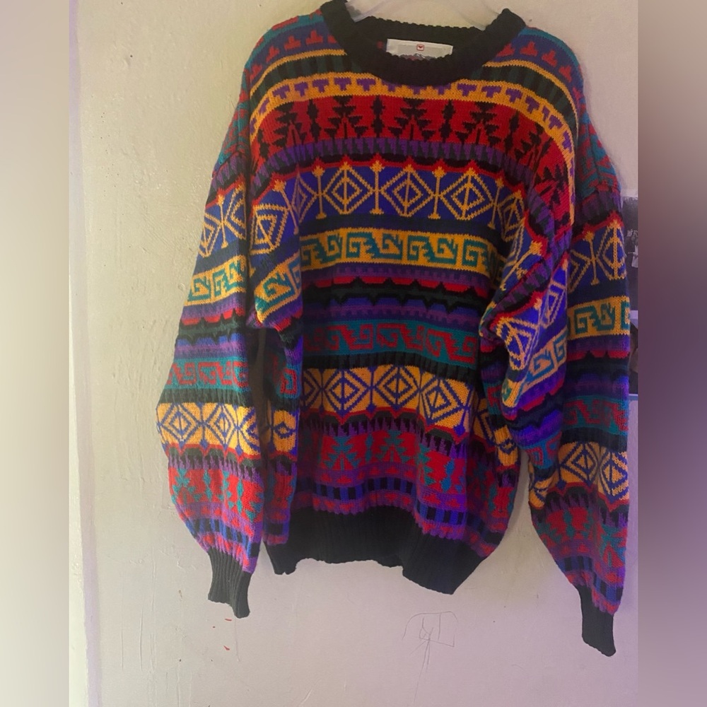 Obermeyer wild Aztec geometric crew neck wool blend Denali sweater